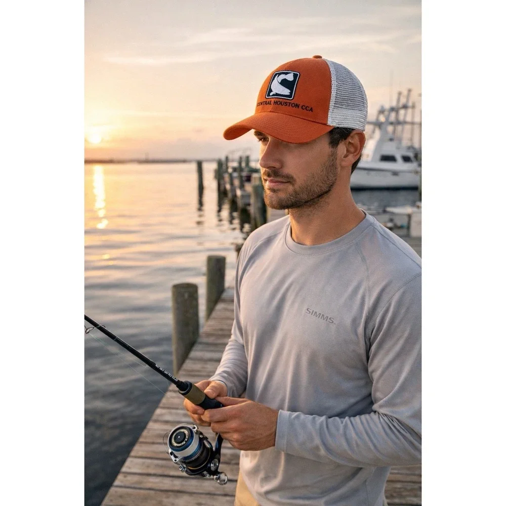 Simms Trucker Hat Cap Central Houston CCA Orange Mesh Fishing‎ Snapback